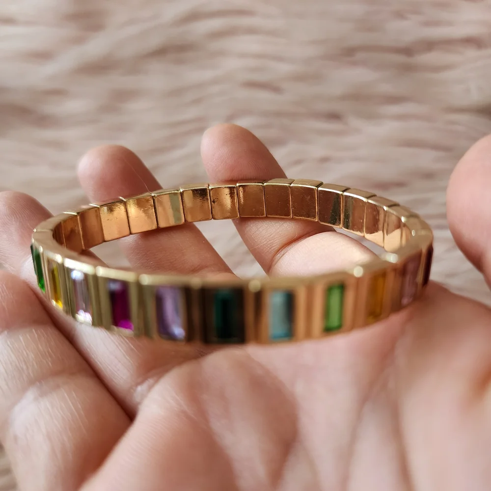 Vibrant Rainbow Rhinestone Bracelet Gold Tone Baguette Crystal Stretch Jewelry